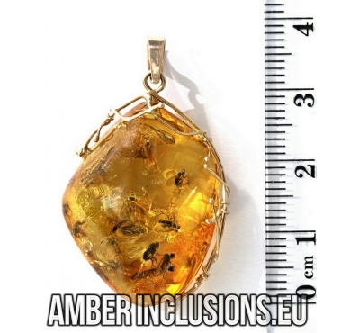 Genuine Baltic amber gold pendant with fossil insects-  More than 10 Flies